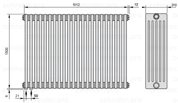 Схема (чертеж) Радиатор Zehnder Charleston 6150/22 №3370 Белый глянцевый RAL 9016